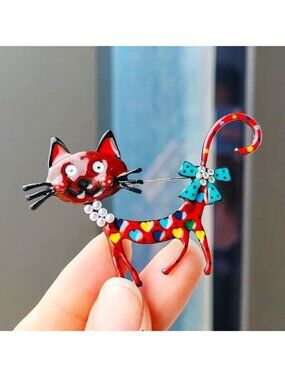 Cat Brooch Enamel Rhinestone Stylish Kitty Whimsical Heart Bow Pearl Fun Trendy